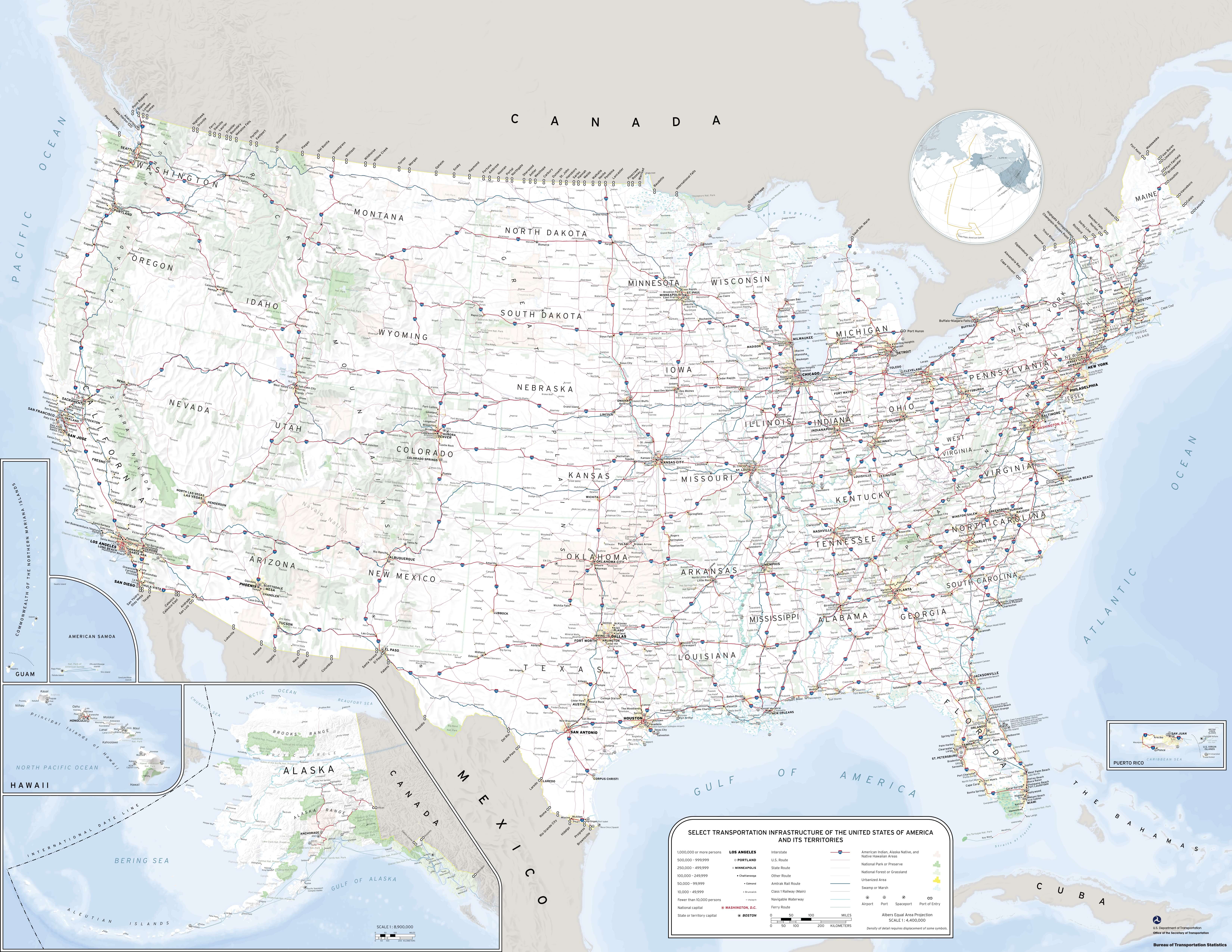 Carte des routes des USA avec encadrés Alaska, Hawaï et Porto Rico