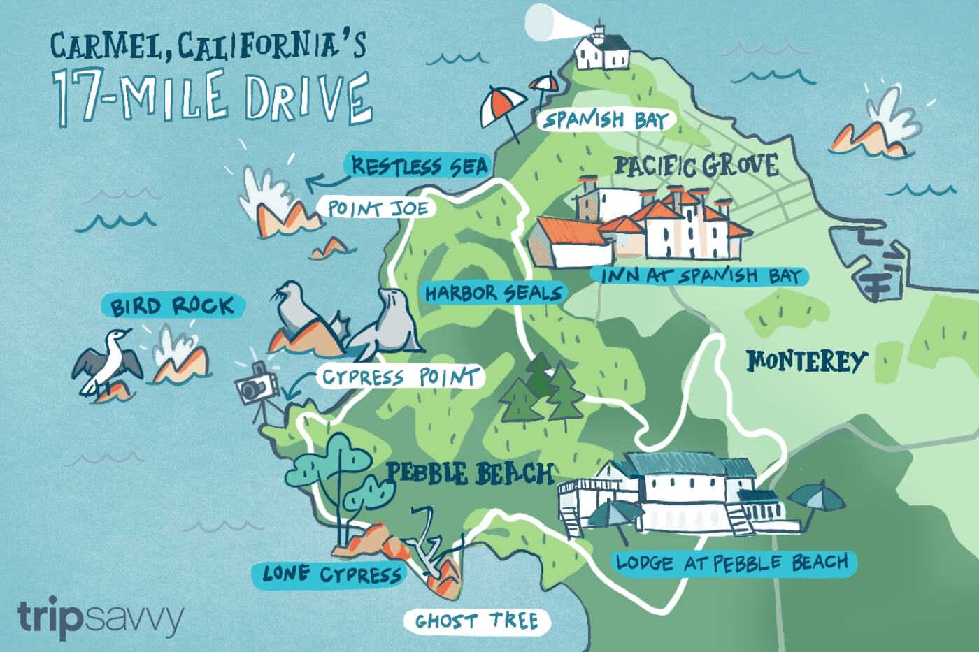 Carte illustrée du 17-Mile Drive à Carmel en Californie avec Pebble Beach, Lone Cypress et Pacific Grove
