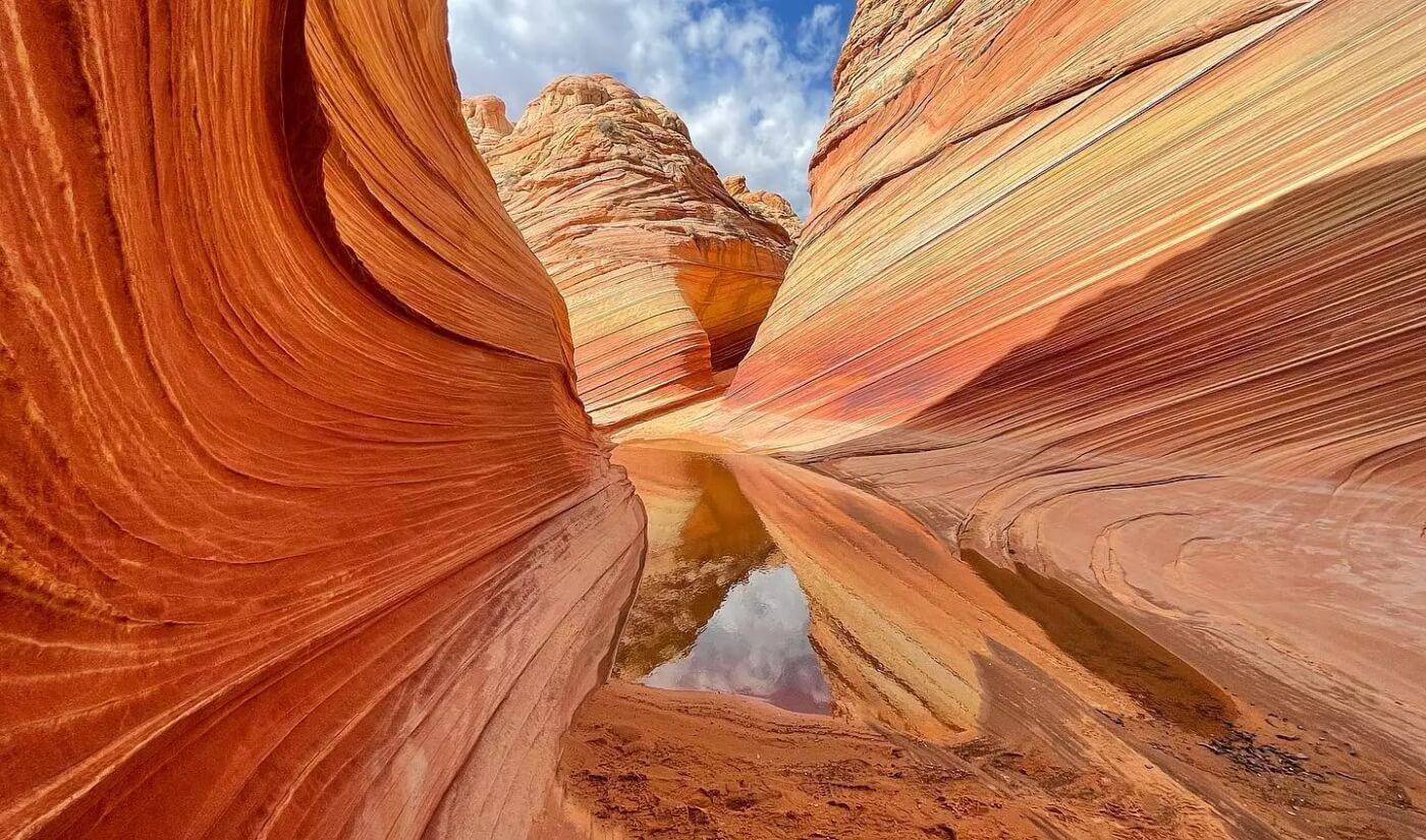 Formations rocheuses ondulées de The Wave près de Page en Arizona avec reflet dans une flaque d'eau