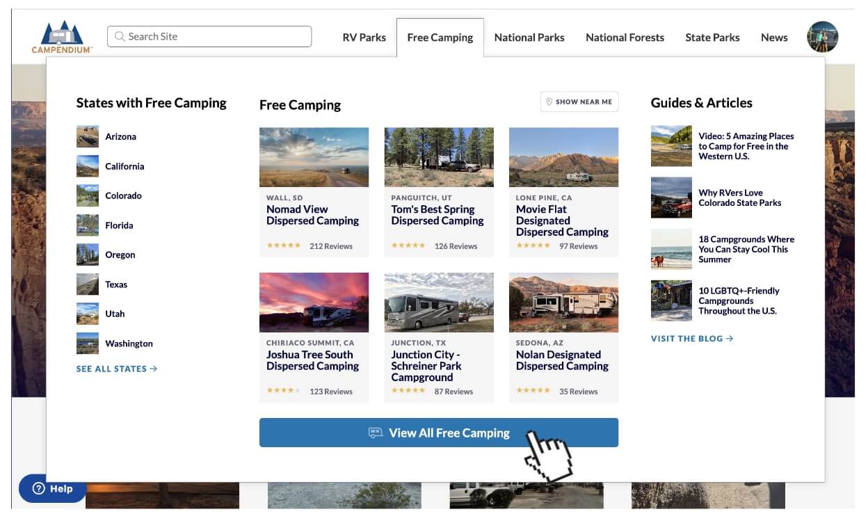 Section camping gratuit du site Campendium avec emplacements et avis par État américain