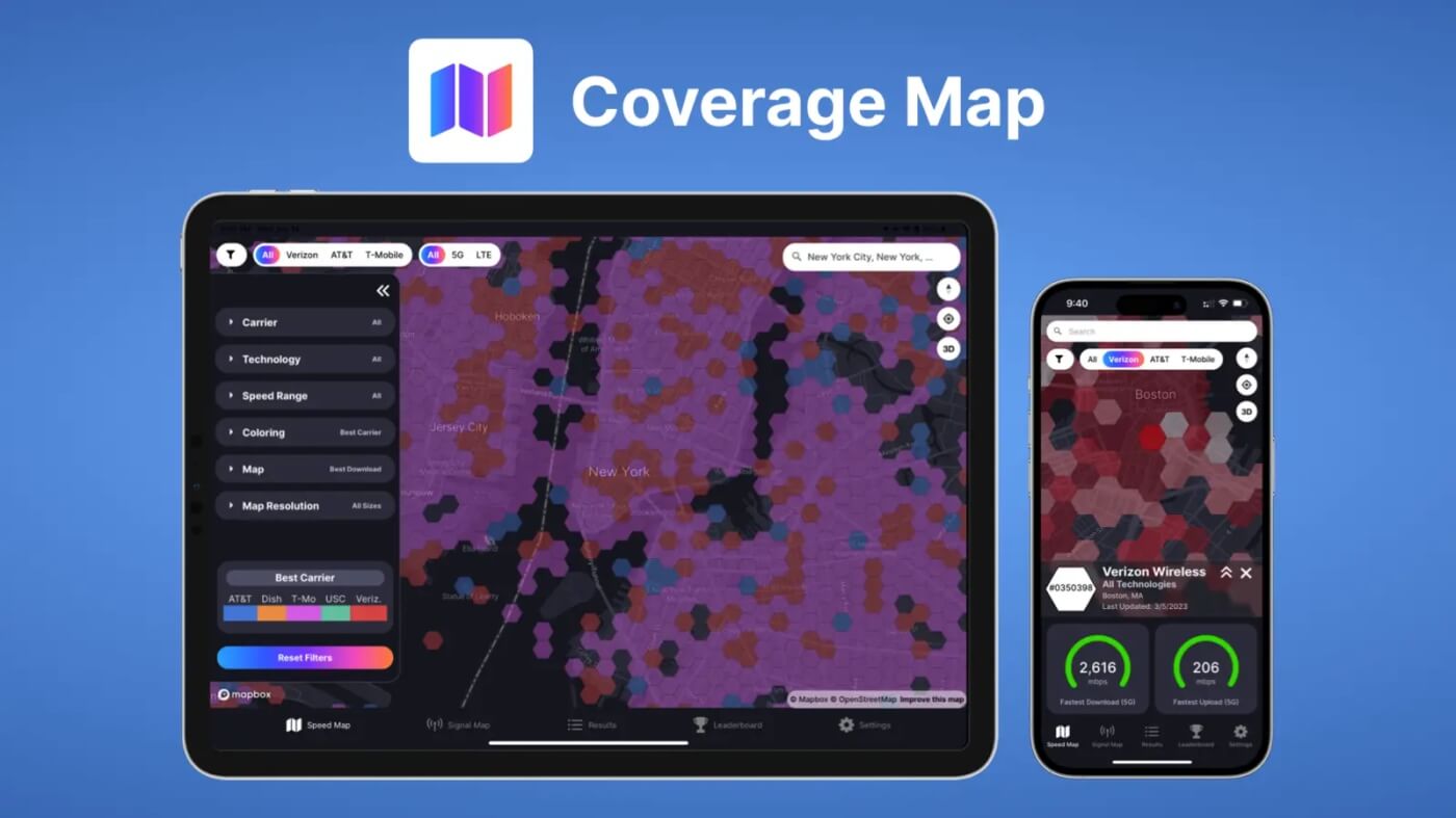 Carte de couverture réseau mobile par opérateur sur l'application Coverage Map pour New York et Boston