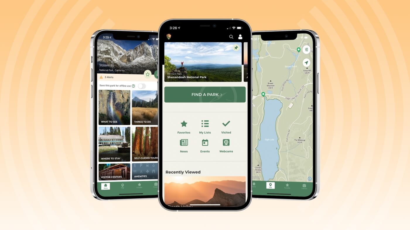 Captures d'écran de l'application NPS pour explorer et naviguer dans les parcs nationaux américains