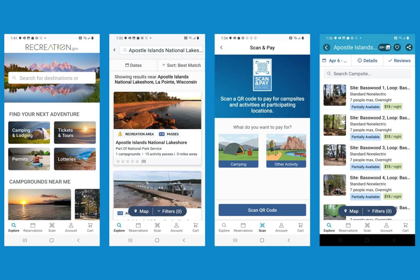 Captures d'écran de l'application Recreation.gov pour réserver des campings et activités en parcs nationaux