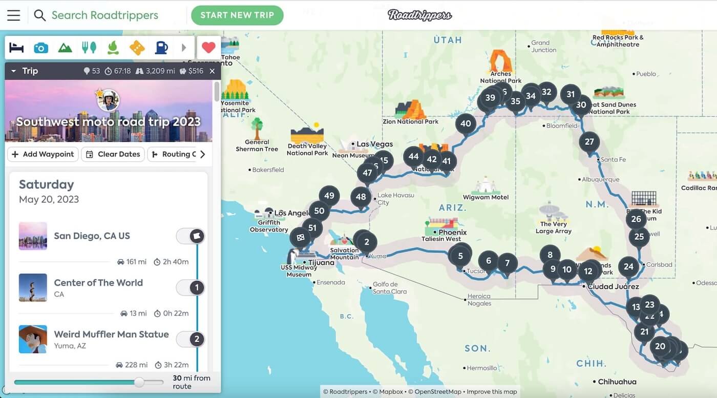 Itinéraire de road trip dans le Sud-Ouest américain avec 53 étapes sur l'application Roadtrippers