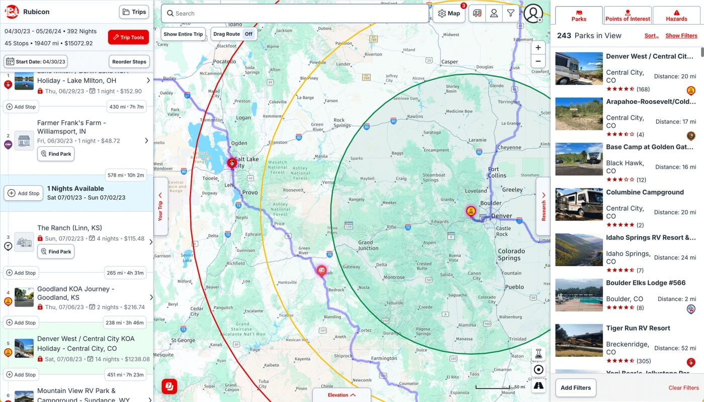 Carte de planification d'itinéraire en camping-car sur l'interface web RVlife Trip Wizard