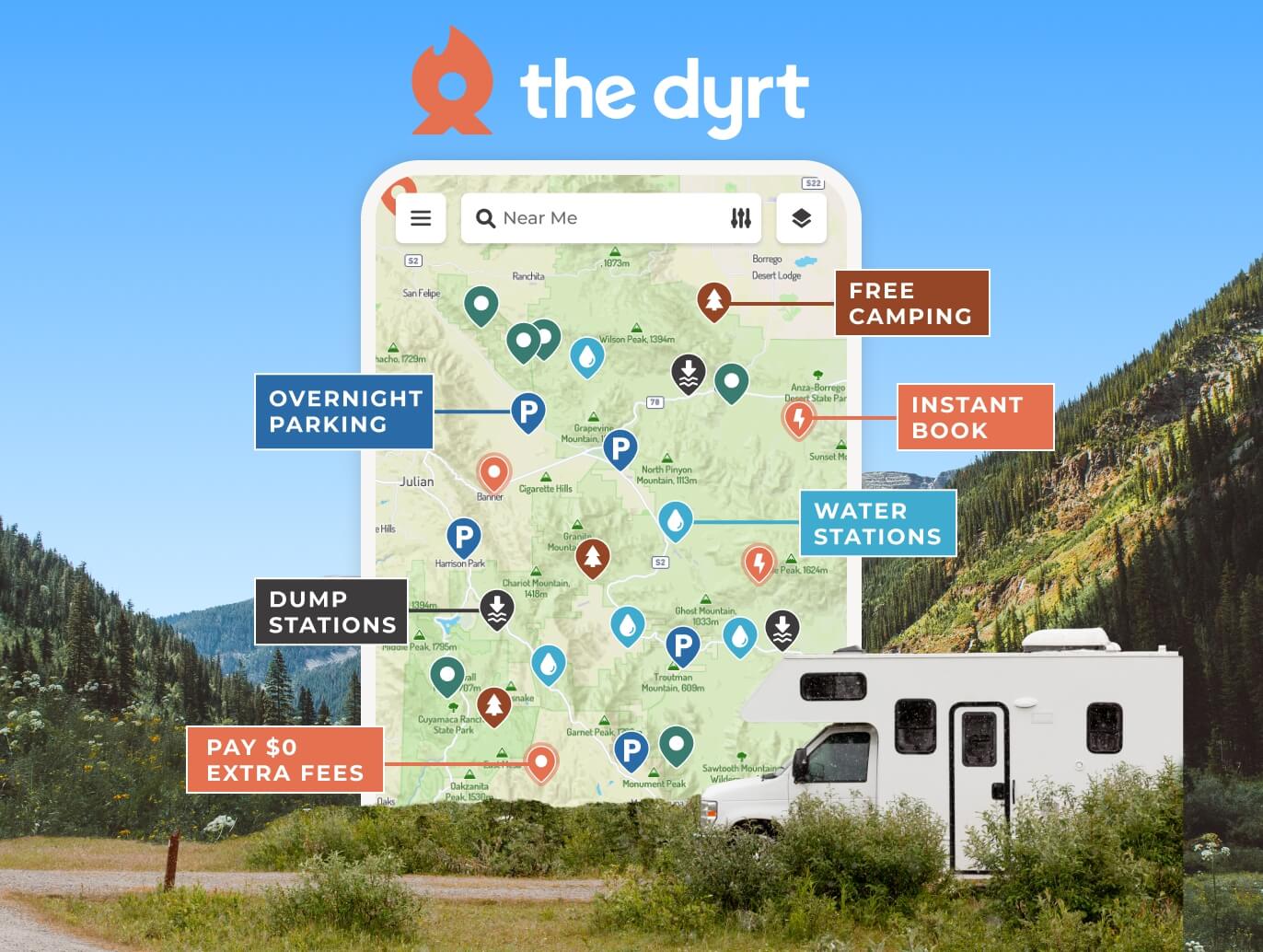 Carte de campings avec catégories de services sur l'application The Dyrt, devant un camping-car en montagne