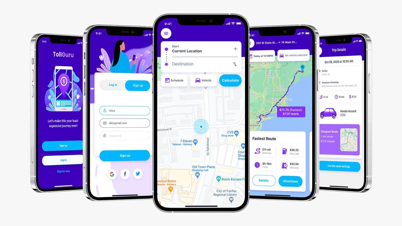 Captures d'écran de l'application TollGuru calculant les coûts de péage et carburant par itinéraire