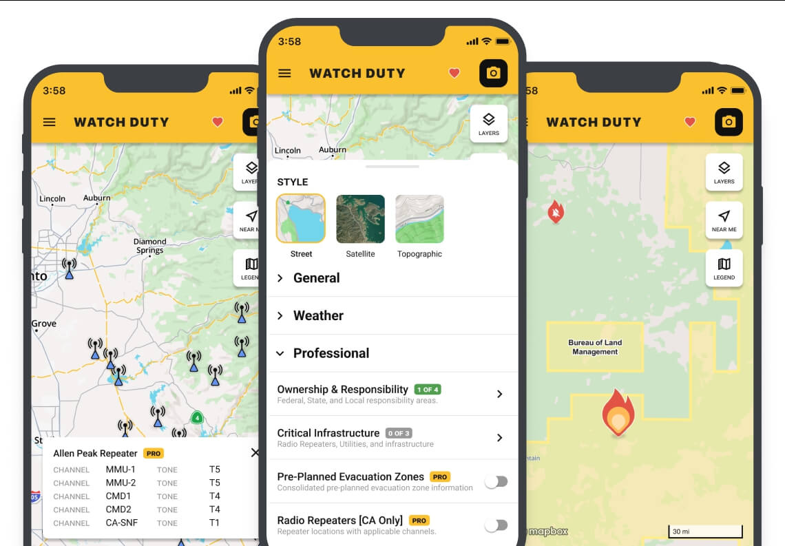Captures d'écran de l'application Watch Duty affichant des cartes de suivi d'incendies de forêt
