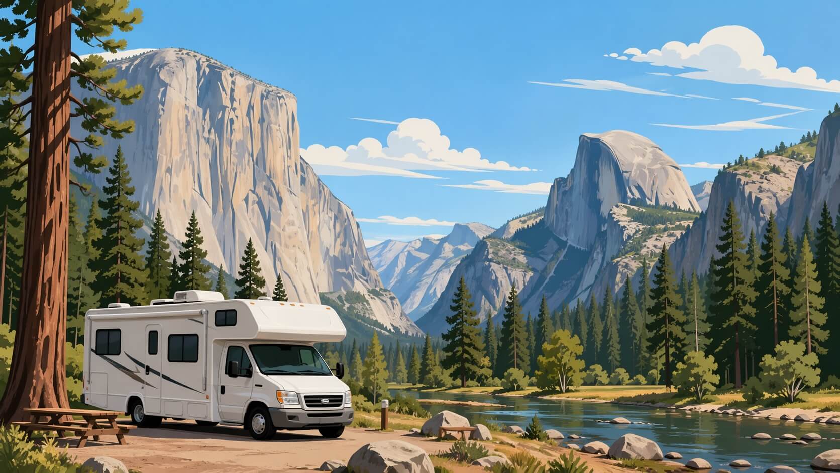 Camping-car gar&eacute; dans le parc de Yosemite, avec falaises de granit et for&ecirc;t de pins