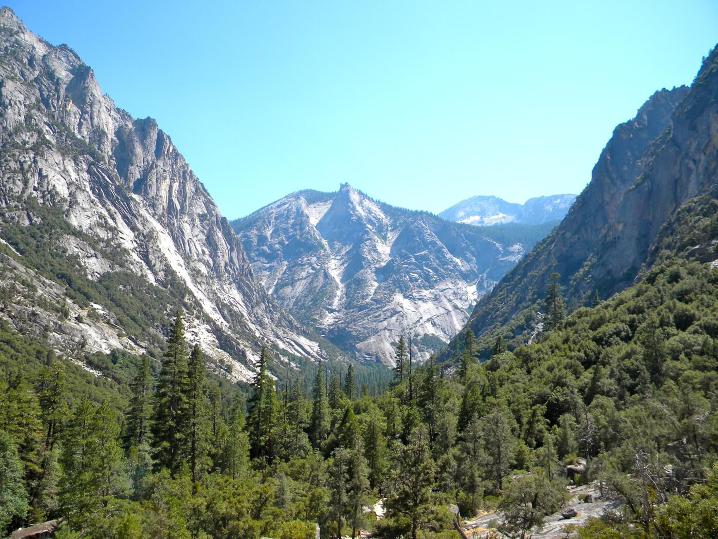 Vall&eacute;e encaiss&eacute;e du parc national de Kings Canyon bord&eacute;e de pics granitiques et de for&ecirc;ts de conif&egrave;res sous un ciel bleu
