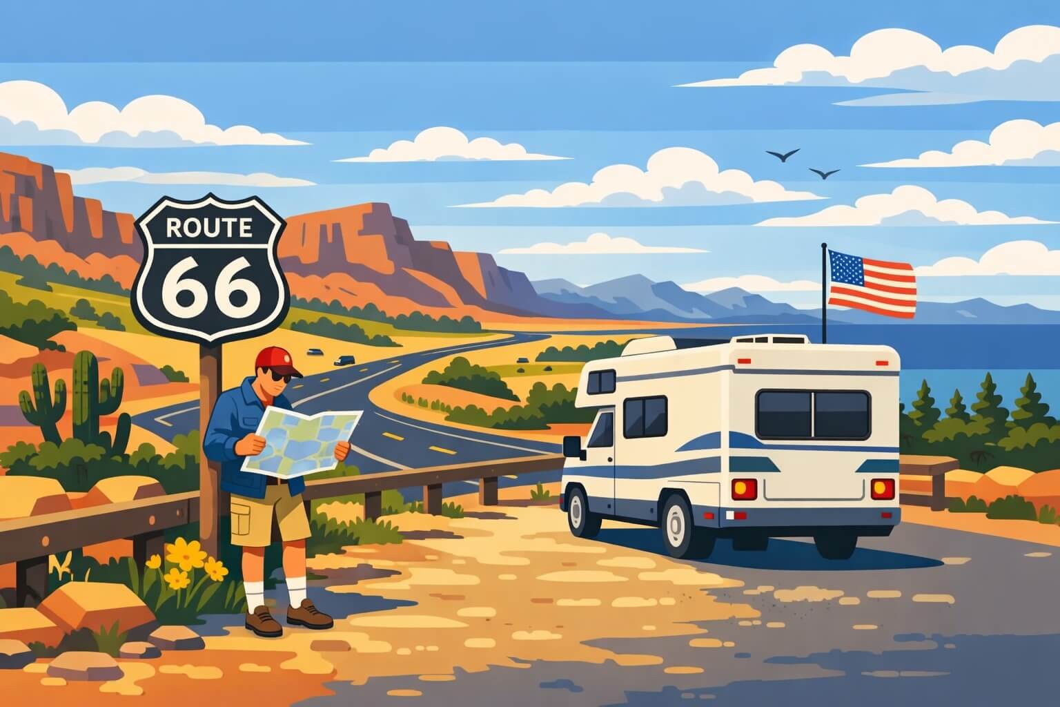 Camping-car garé sur la Route 66 aux États-Unis, avec un voyageur consultant son itinéraire dans un paysage désertique.