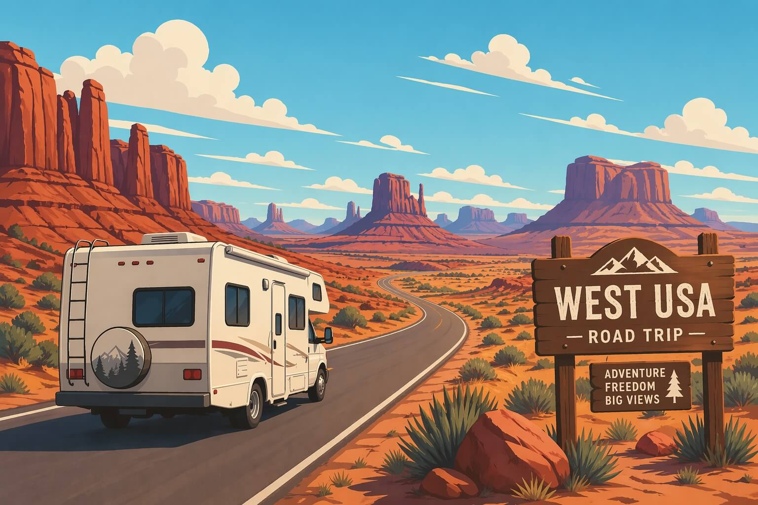 Camping-car sur une route panoramique dans l’Ouest américain, avec mesas rouges et panneau West USA Road Trip