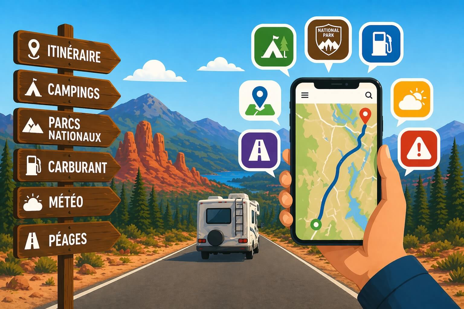 Road trip aux États-Unis avec un camping-car, un smartphone de navigation et des icônes d’applications pour campings, parcs nationaux, carburant, mété