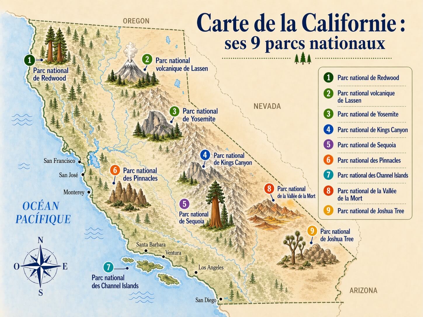 Carte des parcs nationaux de Californie avec Yosemite, Sequoia, Death Valley, Redwood et Joshua Tree