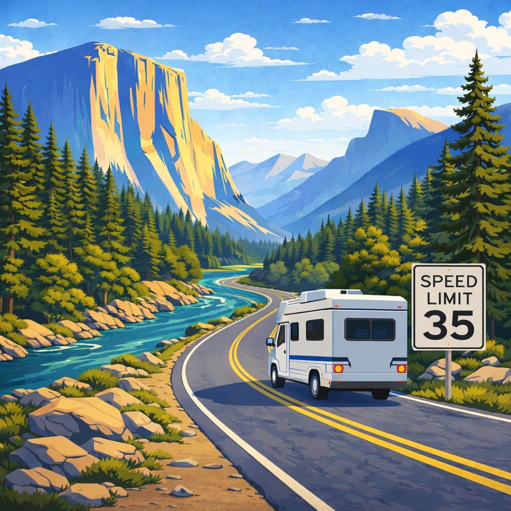 Camping-car sur une route panoramique à Yosemite avec panneau de limitation de vitesse
